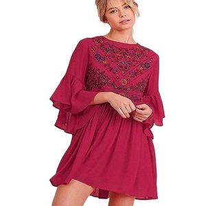 Umgee Wine Red Embroidered Mini Dress